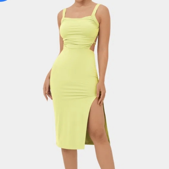 HALARA Dresses & Skirts - Halara, Ruched Backless Crisscross Lace Up Split Bodycon Midi Casual Dress Sz XL